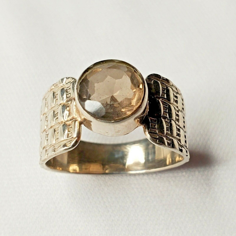 Vintage 925 Sterling Silver Greige Rhinestone Bezel Dot Band Ring Size 8.75